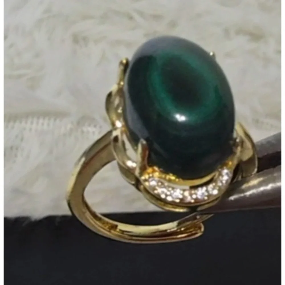 New Malachite‎ Cabochon White Rhinestone Statement Ring Sz Adjustable